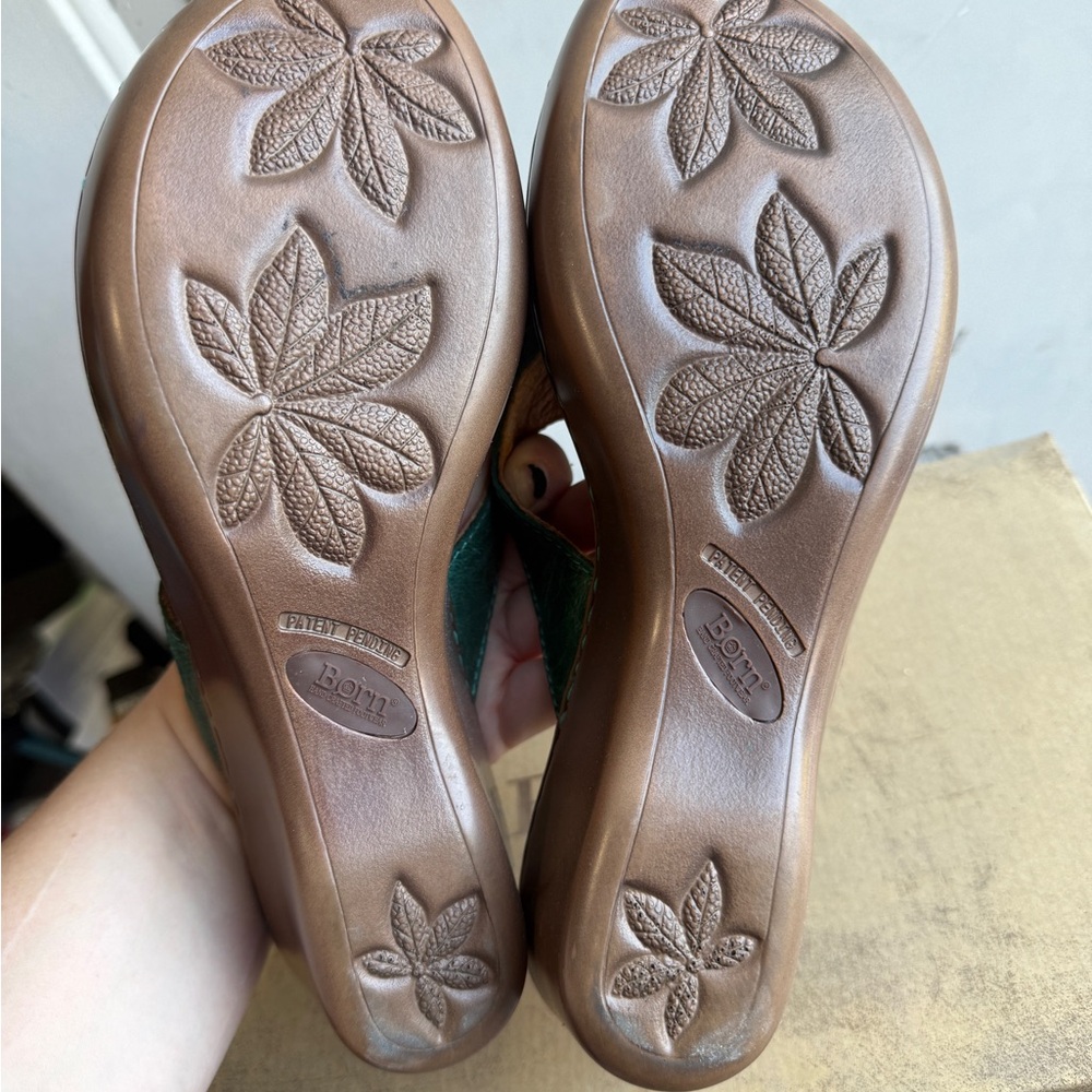 Born Green Leather Wedge Mules with Floral Bow - Picture 6 of 9